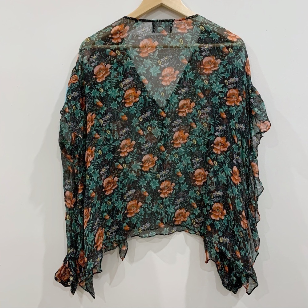 The Kooples Silk Floral Ruffle Blouse Sheer Poppy Field Print Romantic Top - Picture 5 of 12